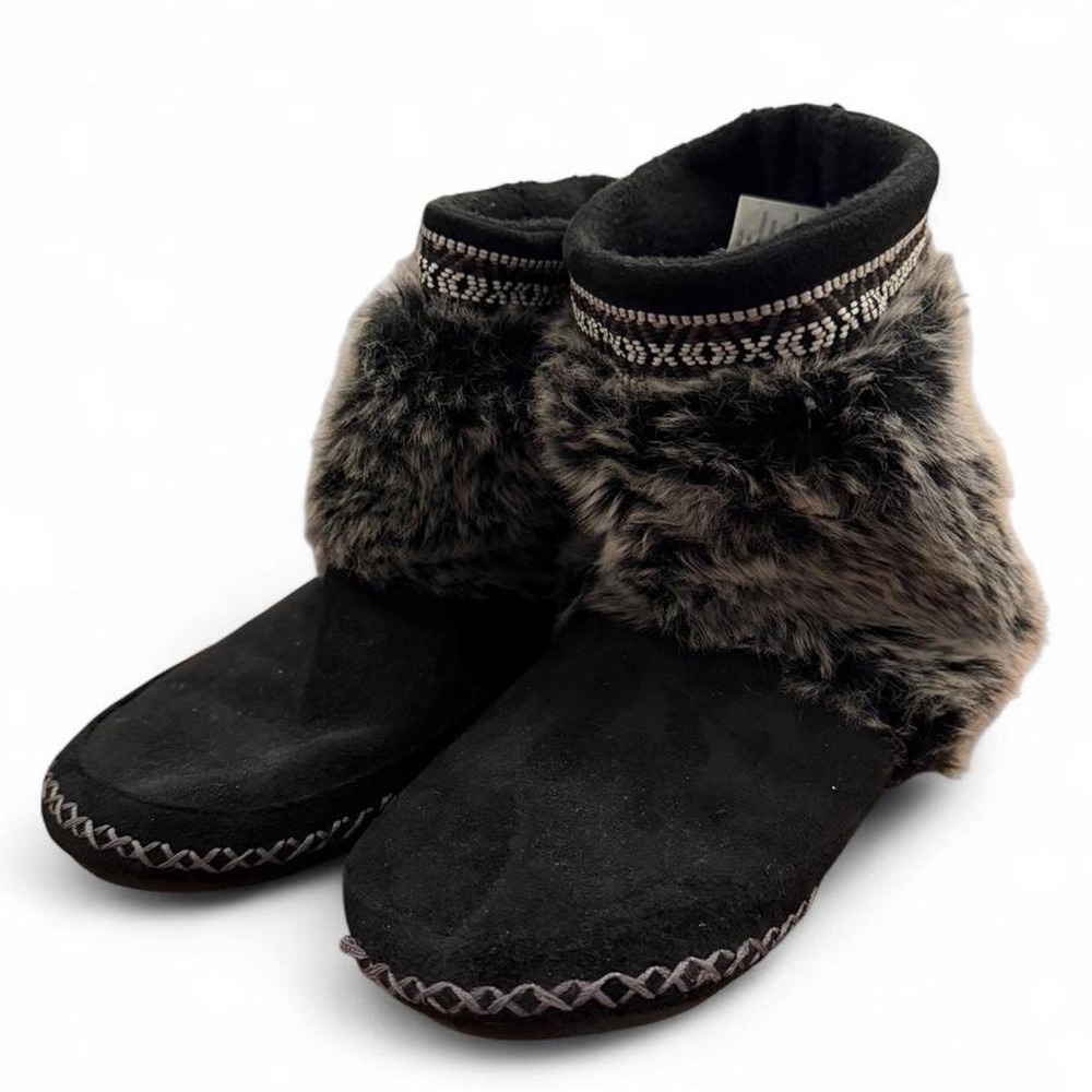 Madden Girl Black Faux Fur Trim Boot Slippers Boho Lace Up Wood Bead XL 11